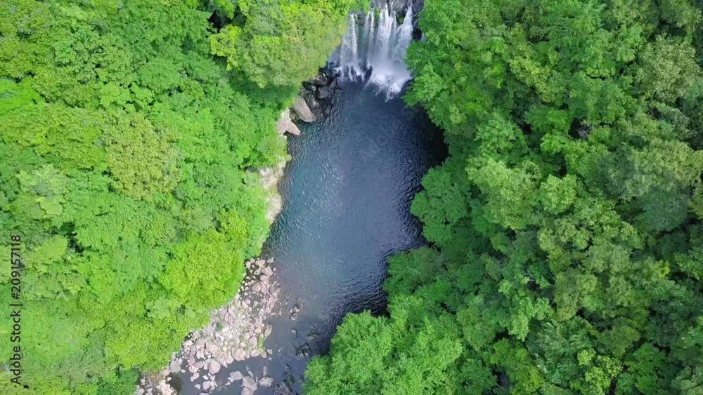 Aerial View of Cheonjeyeon Waterfall on Jeju Island, South Korea