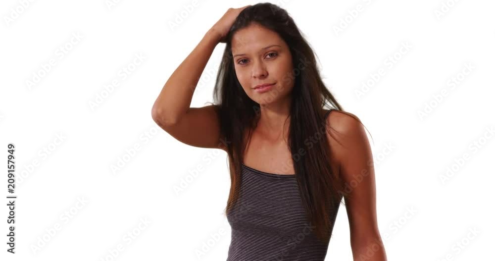 Beautiful Caucasian girl wearing striped tank top, running fingers through her hair, Portrait of young happy tourist woman on white background with copyspace, 4k Beautiful Caucasian girl wearing striped tank top, running fingers through her hair, Portrait of young happy tourist woman on white background with copyspace, 4k
