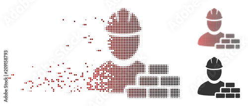 Vector brick builder icon in dispersed, dotted halftone and undamaged solid variants. Disintegration effect uses rectangular particles and horizontal gradient from red to black.