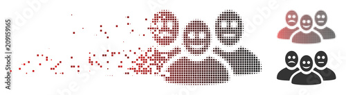 Vector emotional users icon in dissolved, dotted halftone and undamaged entire variants. Disappearing effect uses rectangle scintillas and horizontal gradient from red to black. photo