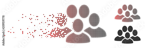 Vector people crowd icon in dissolved, dotted halftone and undamaged solid variants. Disappearing effect involves square scintillas and horizontal gradient from red to black.