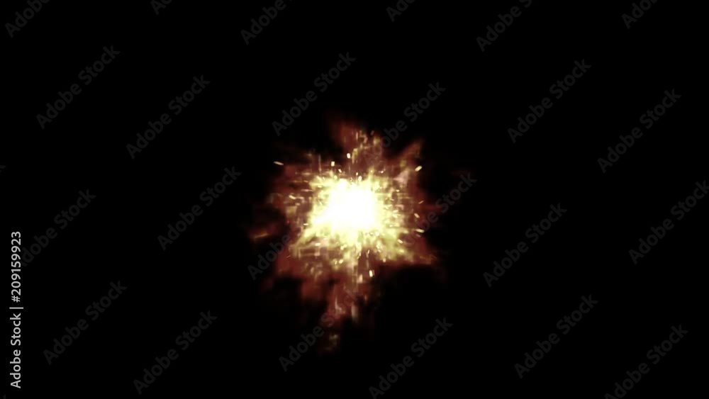 Animated rear view of bursting fire with sparks as if from rocket or jet engine exhaust tail. Black background, mask included.