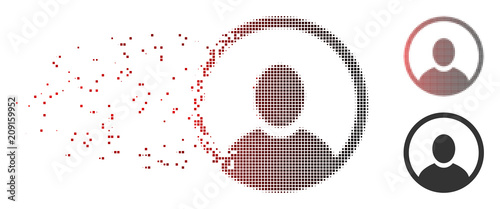 Vector rounded user portrait icon in dispersed, pixelated halftone and undamaged entire variants. Disappearing effect uses rectangular scintillas and horizontal gradient from red to black.
