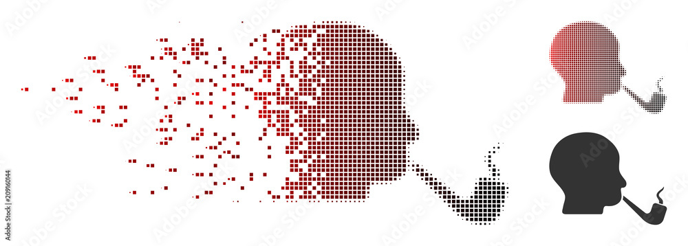 Vector smoking detective icon in dissolved, dotted halftone and undamaged solid versions. Disintegration effect uses rectangle particles and horizontal gradient from red to black.