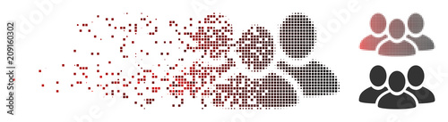 Vector user group icon in dissolved, dotted halftone and undamaged solid variants. Disappearing effect uses rectangle particles and horizontal gradient from red to black.