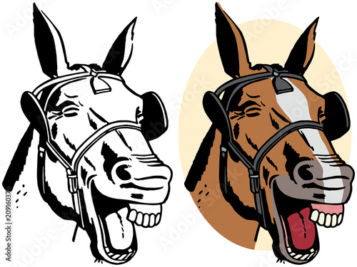 A cartoon portrait of a laughing horse.