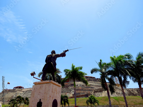 Cartagena / Colombia - 04 21 2018: Amazing view of the statue of don blas de lezo in front of tha castle 