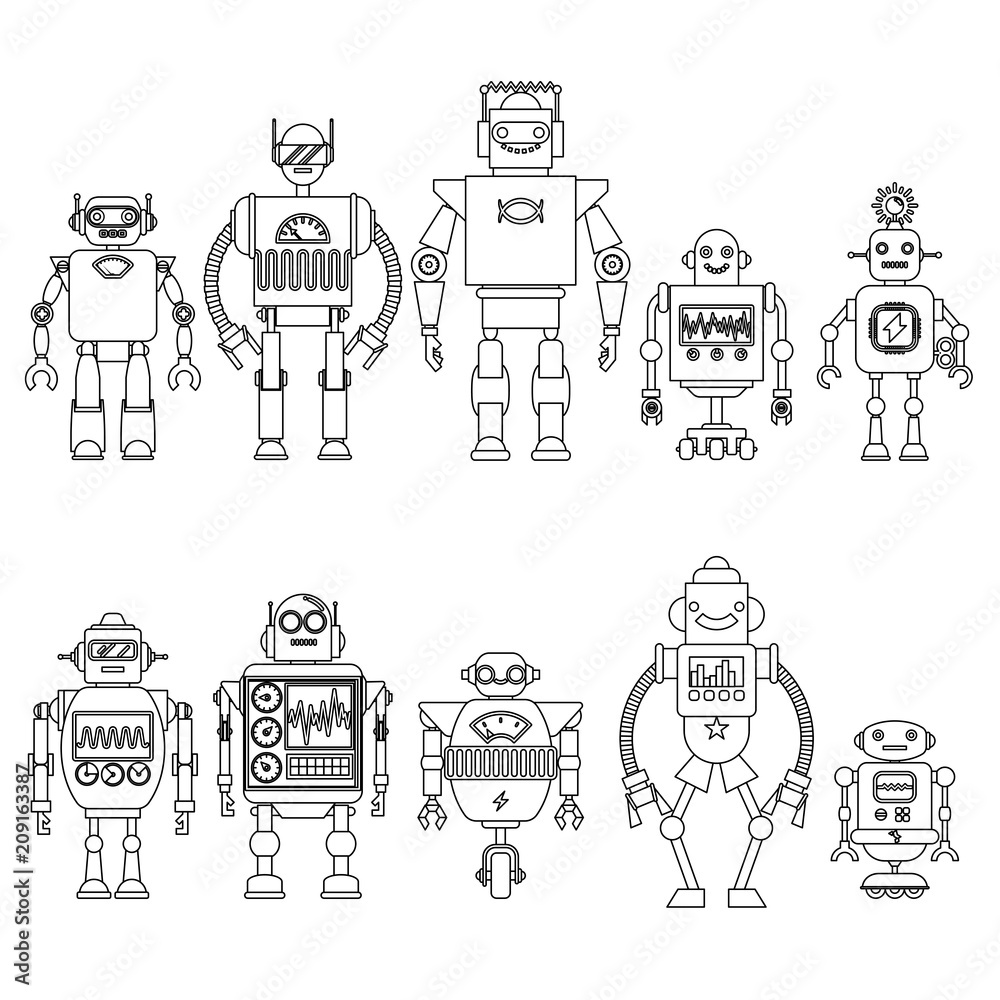 Set Of different cartoon robots characters ,spaceman cyborg icons line style isolated on white background. Vector illustration.