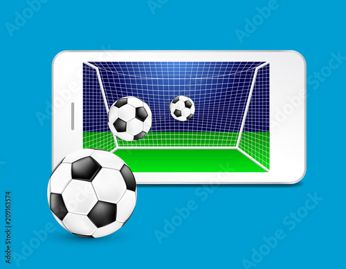 Soccer ball and goal on a smartphone screen. Watching soccer and betting online concept. Illustration isolated on white background.