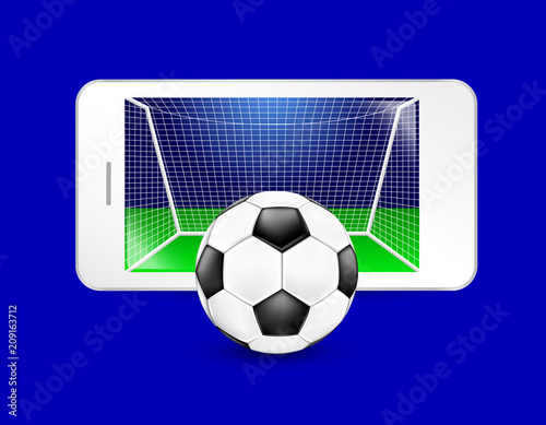 Soccer ball and goal on a smartphone screen. Watching soccer and betting online concept. Illustration isolated on white background.