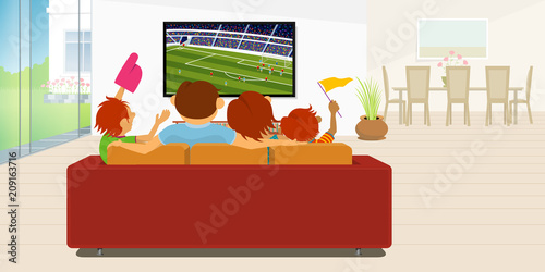 Family of 4 members sitting on a red sofa in their living room inside their house watching a soccer game on a large flat television during the day. Vector image
