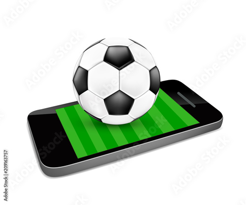 Soccer ball and soccer field on a smartphone screen. Watching soccer and betting online concept. Illustration isolated on white background.