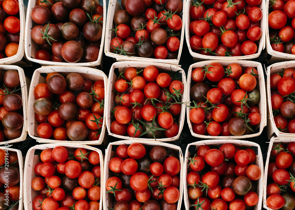 cherry tomatoes of different colors in pint baskets cherry tomatoes of different colors in pint baskets