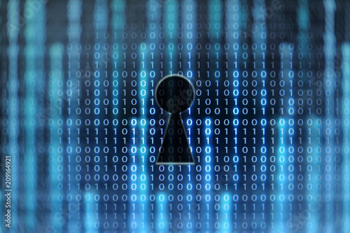digital success. keyhole on digital binary screen and soft defocus light. AI data transfer concept. Technology business gateway.