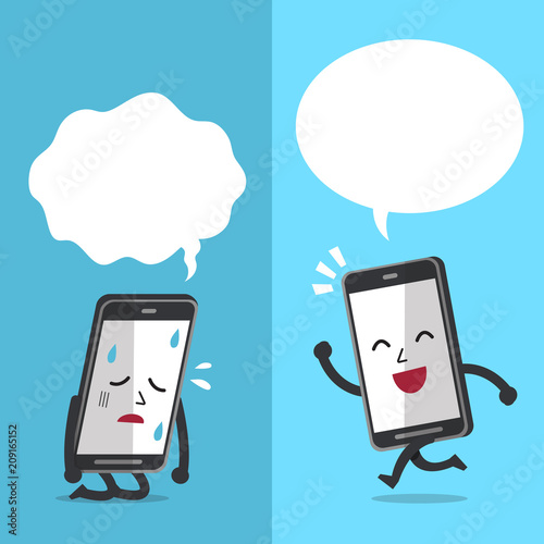 Vector cartoon smartphone character expressing different emotions with white speech bubbles for design.