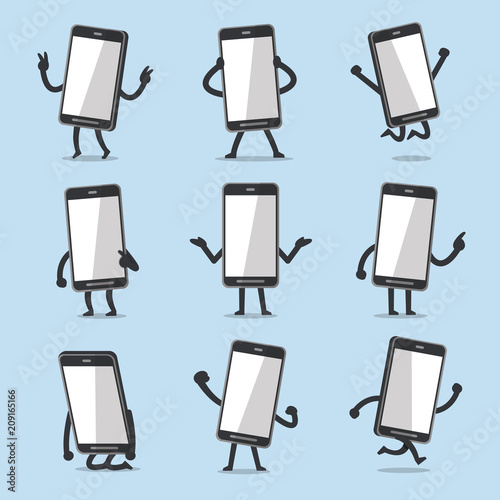 Vector cartoon smartphone character poses for design.