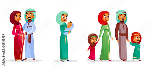 Vector cartoon arab family characters set. Happy saudi, emirates muslim couple, man, woman, father and mother holding infant baby, teen boy, girl children. People in national clothing, hijab