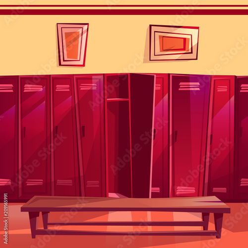 Locker room vector illustration of seamless gym or school sport changing room. Cartoon row of individual lockers with wooden bench for parallax or computer games background pattern