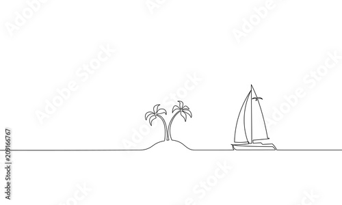 Single continuous one line art ocean travel vacation. Sea voyage holiday tropical island ship yacht luxury island palm tree journey concept design sketch outline drawing vector illustration