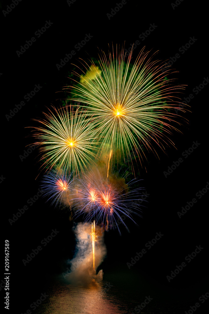 Fireworks Isolated on Black Background. Fireworks Light up the Sky, New Year Celebration.