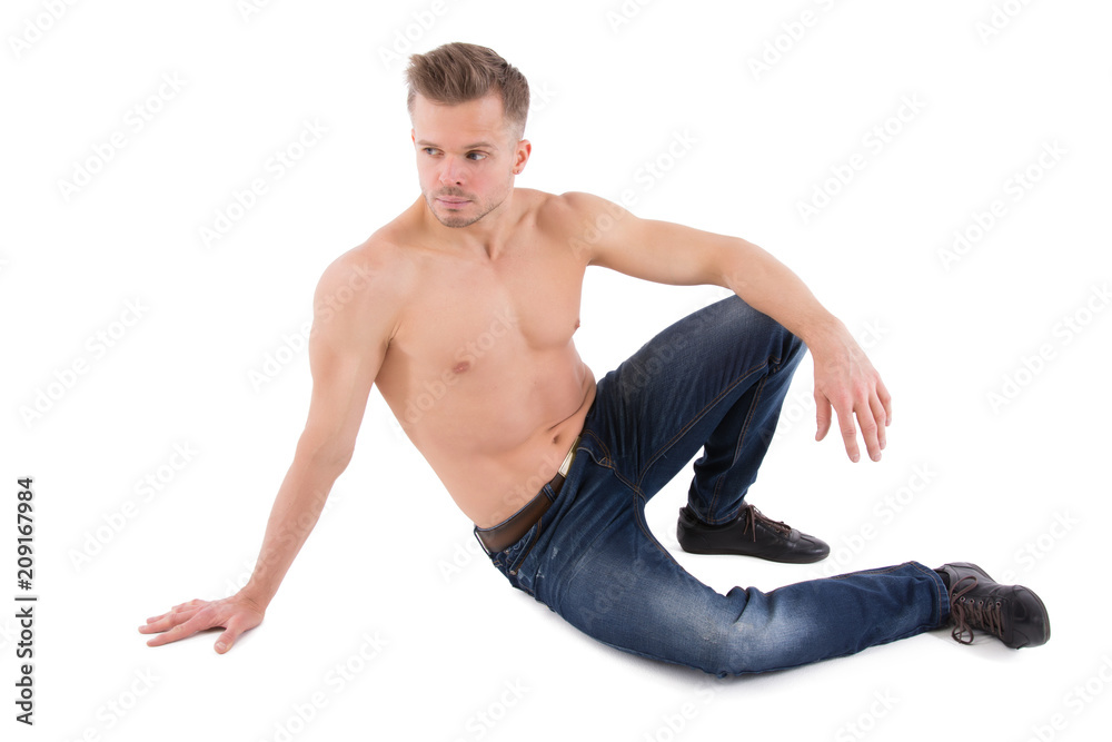 Sexy man without a shirt. White background.