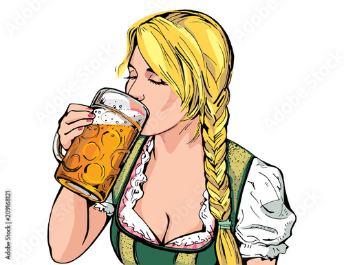 Oktoberfest Beer Festival. Vector illustration of a young girl holding a glass of beer in hand and a sipping sip.
