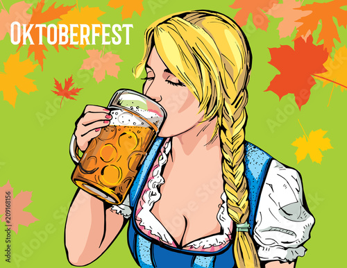 Fototapeta Festiwal piwa Oktoberfest. Wektorowa ilustracja młoda dziewczyna trzyma szkło piwo w ręce i popijanie łyk.