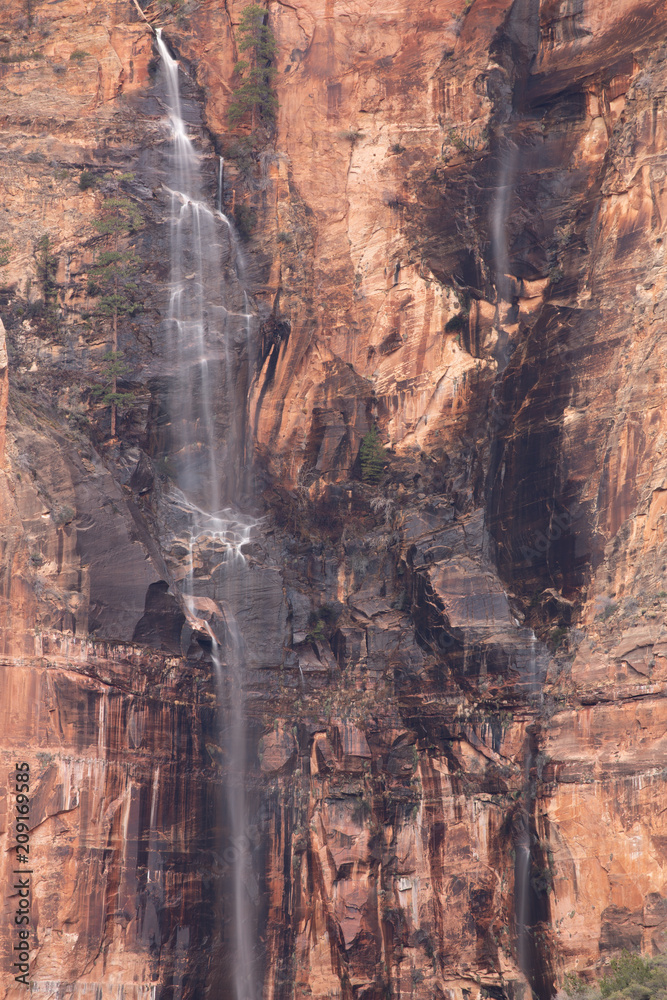 Temporary waterfall found in the Court of the Patriarchs in Zion National park after a rainstorm.