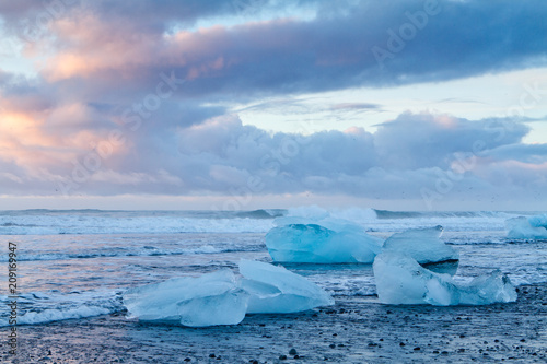 Ice rock with black sand at Diamond beach, Iceland