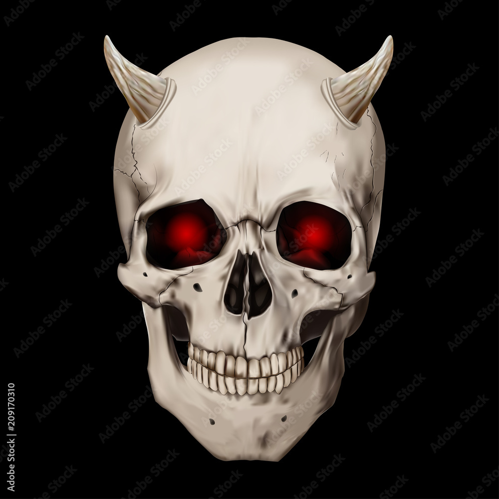 Human realistic skull with horns and burning eyes. Black background. Anatomy vector illustration. Human realistic skull with horns and burning eyes. Black background. Anatomy vector illustration.