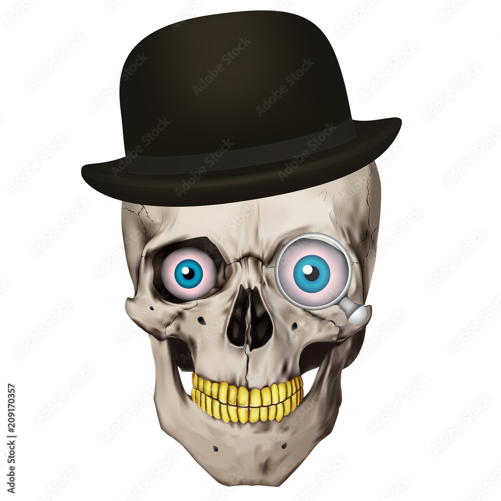 Human realistic skull. Blue eyes, gold teeth, bowler, monocle. White vector background. Anatomy vector illustration. Human realistic skull. Blue eyes, gold teeth, bowler, monocle. White vector background. Anatomy vector illustration.