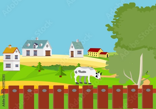 Fototapeta Naklejka Na Ścianę i Meble -  Farmland scene vector illustration, farm houses on green hills, cows, fence concept illustration