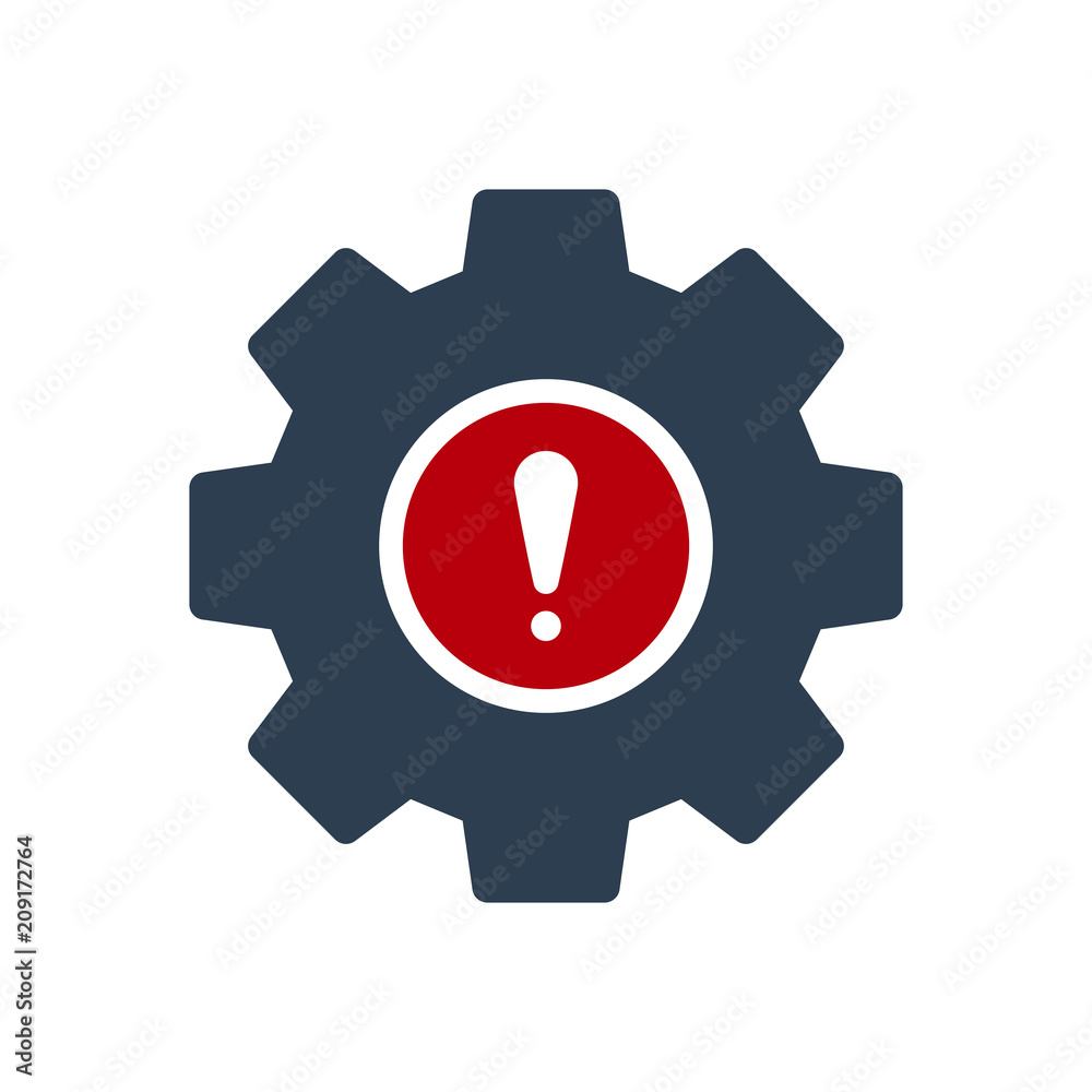 Settings icon, Tools and utensils icon with exclamation mark. Settings icon and alert, error, alarm, danger symbol Settings icon, Tools and utensils icon with exclamation mark. Settings icon and alert, error, alarm, danger symbol