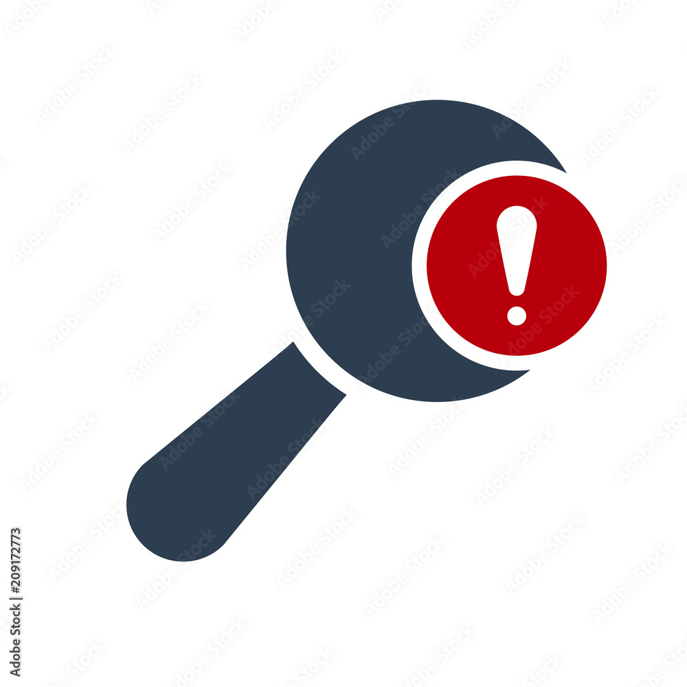 Magnifying glass icon, Tools and utensils icon with exclamation mark. Magnifying glass icon and alert, error, alarm, danger symbol Magnifying glass icon, Tools and utensils icon with exclamation mark. Magnifying glass icon and alert, error, alarm, danger symbol