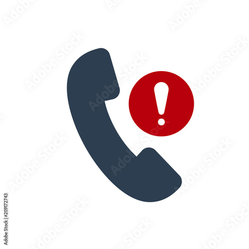 Phone call icon, technology icon with exclamation mark. Phone call icon and alert, error, alarm, danger symbol