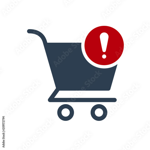 Shopping cart icon, commerce icon with exclamation mark. Shopping cart icon and alert, error, alarm, danger symbol