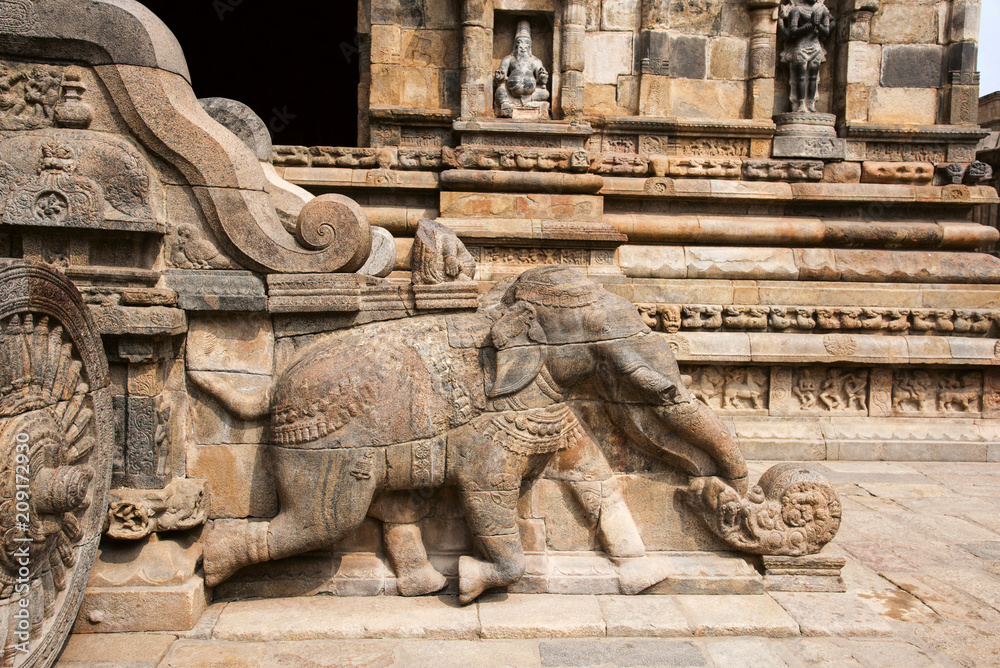 Balustrade, carved elephant and Shiva's chariot at entrance to Airavatesvara Temple, Darasuram, Tamil Nadu, India