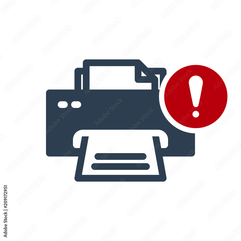 Printer icon, technology icon with exclamation mark. Printer icon and alert, error, alarm