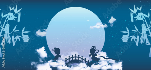 Fotografi Tanabata or Qixi Festival Banner Background, Celebrates the annual meeting of the cowherd and weaver girl, It falls on the seventh day of the 7th month
