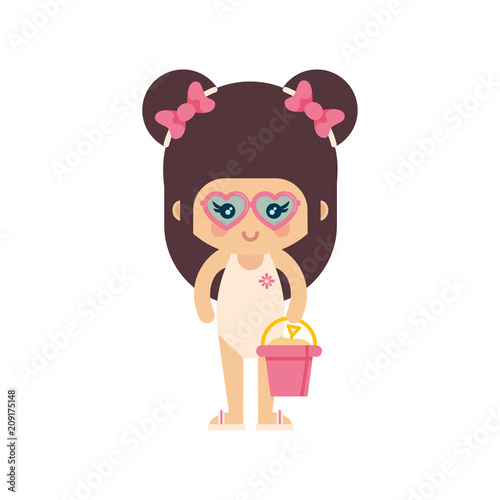 cartoon summer girl in a swimsuit and with sunglasses with summer bucket