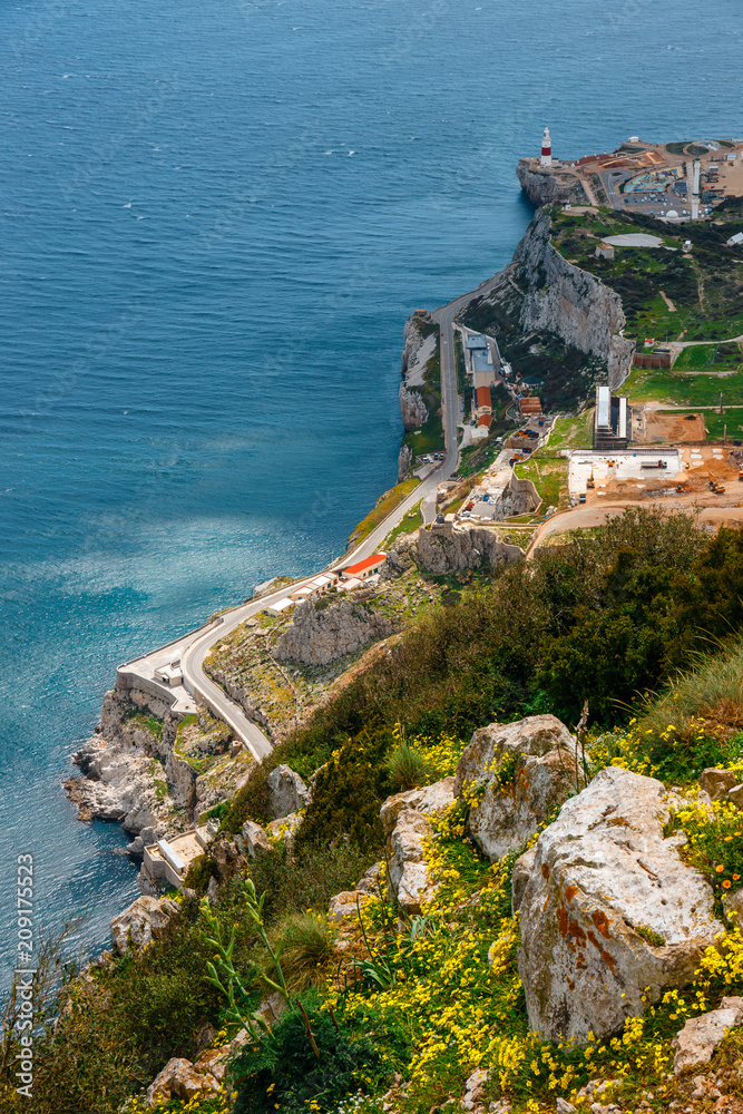 Aerial view of the coastline of Gibraltar from the top of the rock