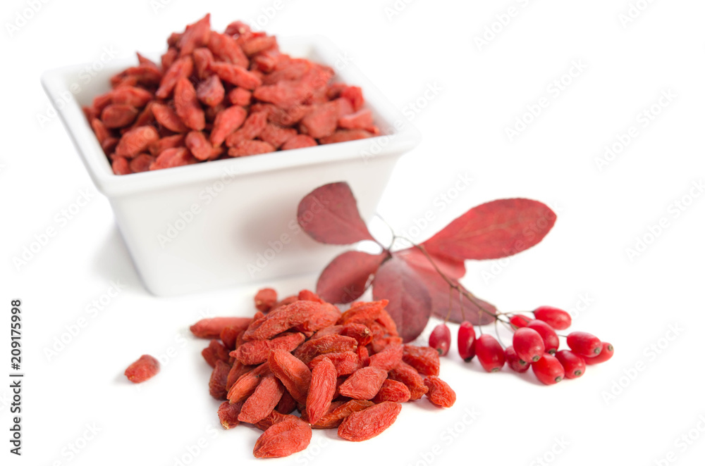 Branch of ripe red barberries and dried goji berries isolated on white background Branch of ripe red barberries and dried goji berries isolated on white background