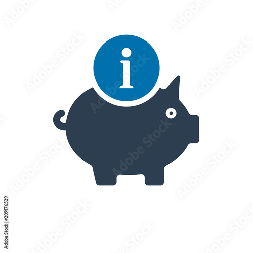 Piggy bank icon, business icon with information sign. Piggy bank icon and about, faq, help, hint symbol