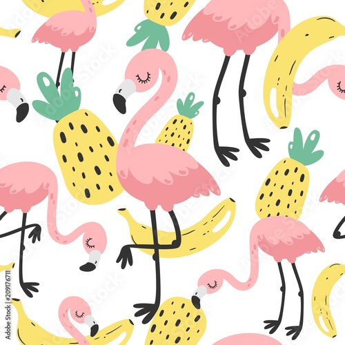 Cute hand drawn seamless pattern with pink flamingo. Vector illustration.