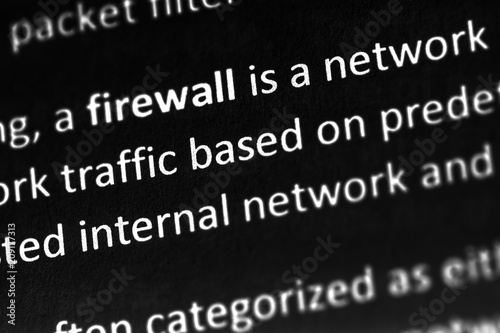 Firewall explanation or description in dictionary or article. Firewall is a defensive computer system against network attacks.