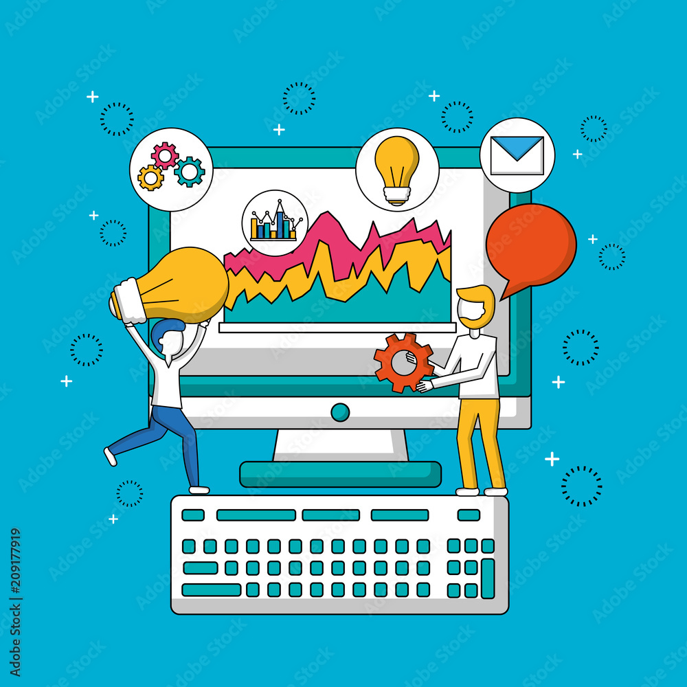 Naklejka premium people teamwork boys holding bulb bubble chat computer with statistics gears vector illustration
