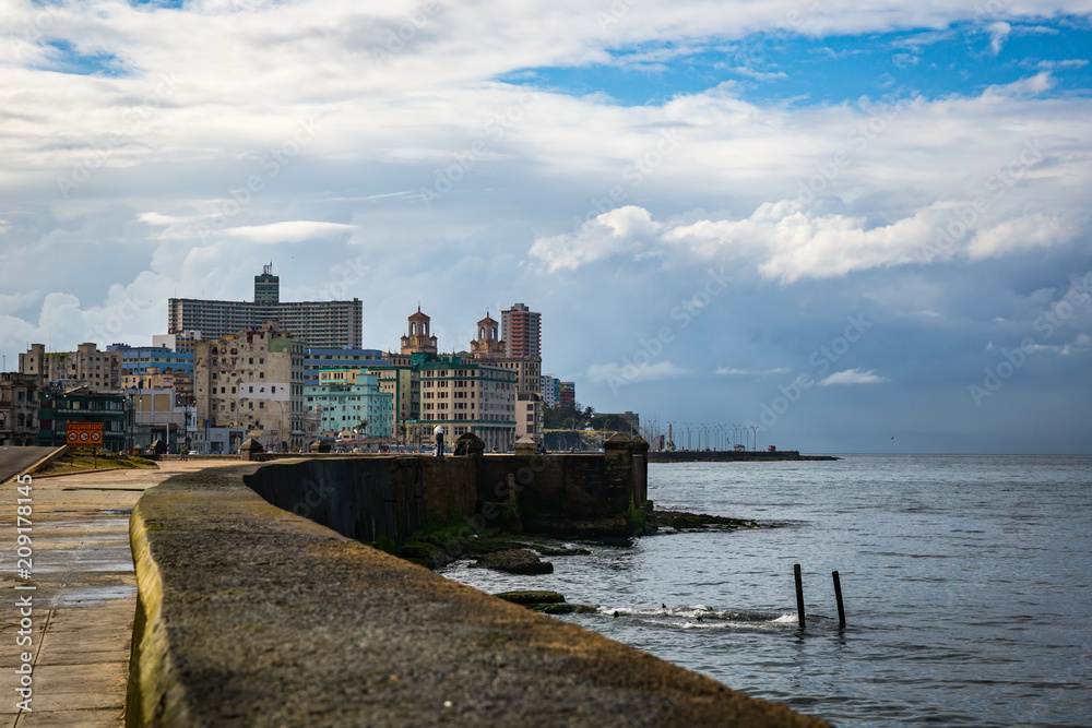 HABANA, CUBA-JANUARY 12: Malecon quay on January 12, 2018 in Habana, Cuba. Malecon embankment in old Habana