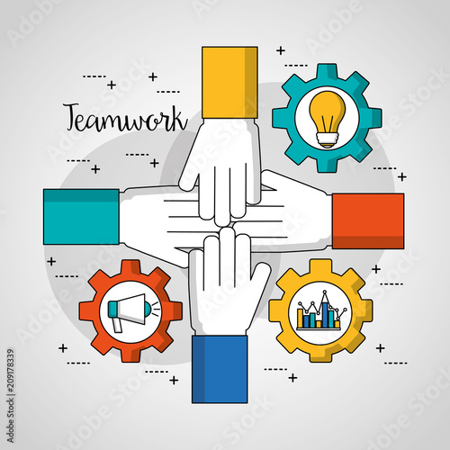 people teamwork united hand tools bulb statistics vector illustration
