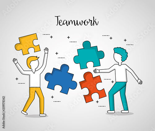 people teamwork boys puzzle pieces solution vector illustration