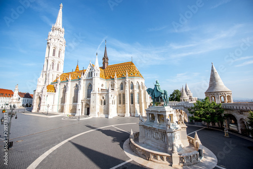 Morning view on the famous Matthias church with bronze statue of Stephen in Budapest, Hungary